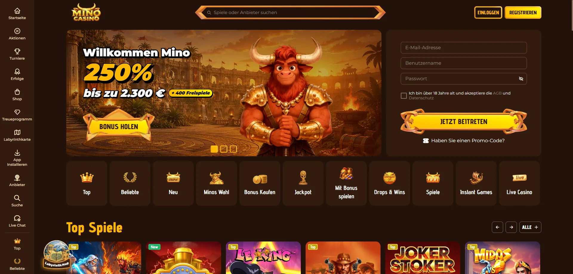 Lobby di Mino Casino con oltre 9.000 giochi disponibili