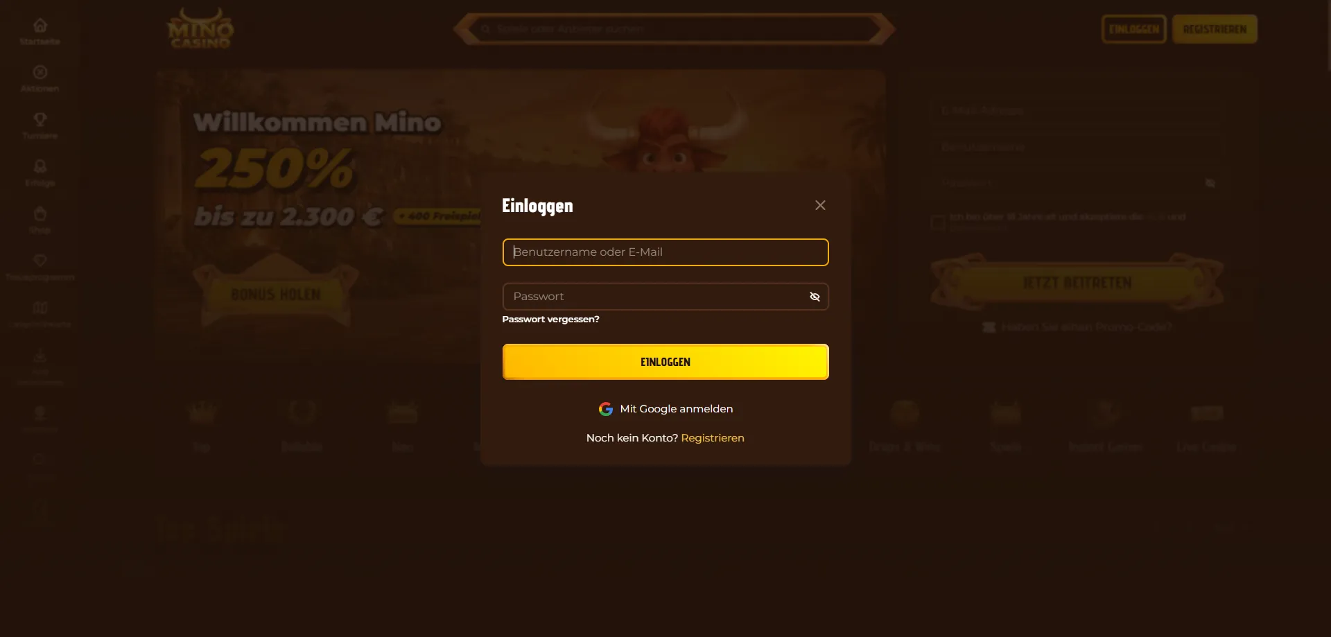 Interfaccia di ricerca e filtri giochi di Mino Casino
